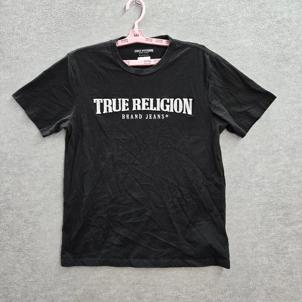 True Religion Men Shirt M Black Short Sleeve Logo Graphic Crew Neck Tee‎